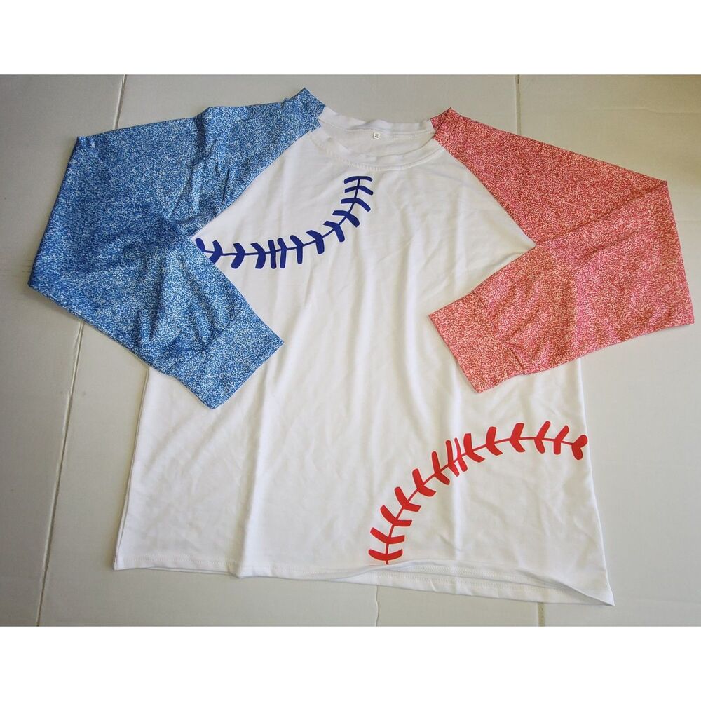 Vintage Style Baseball Raglan Tee Men's XXL White Blue Red Long Sleeve